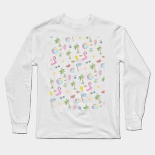 Pattern: Summer Fun (palm trees, flamingo pool float, and fruity tropical drinks) Long Sleeve T-Shirt